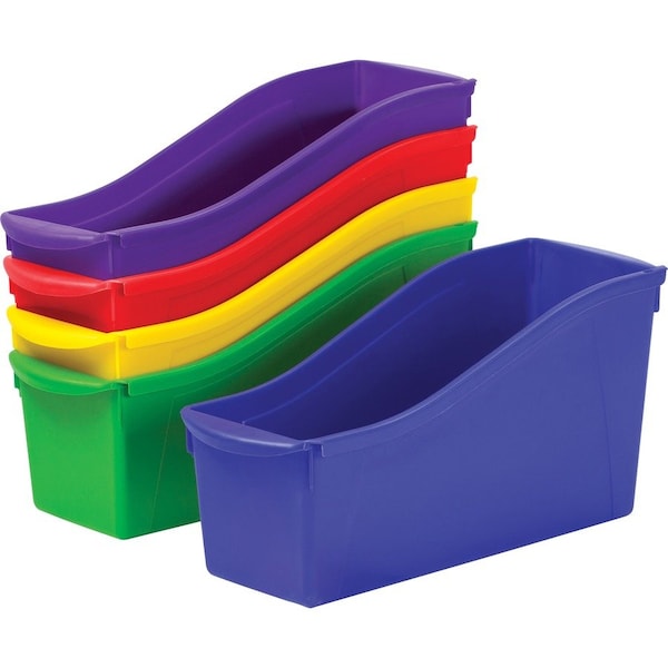 Book Storage Bin, Plastic, Assorted - Red, Green, Blue, Yellow, Purple, 12.6 in H, 5.3 in W, 5 PK